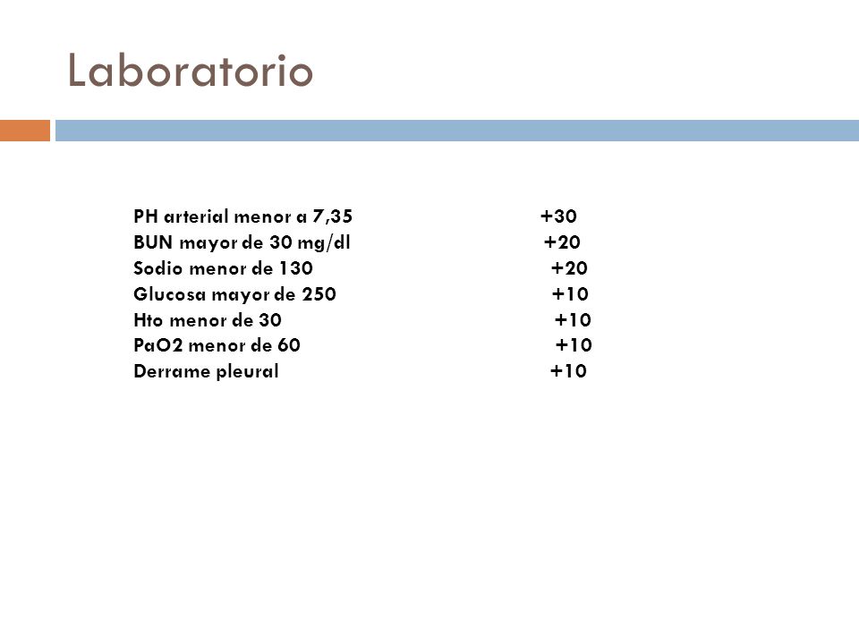 Laboratorio PH arterial menor a 7, BUN mayor de 30 mg/dl +20