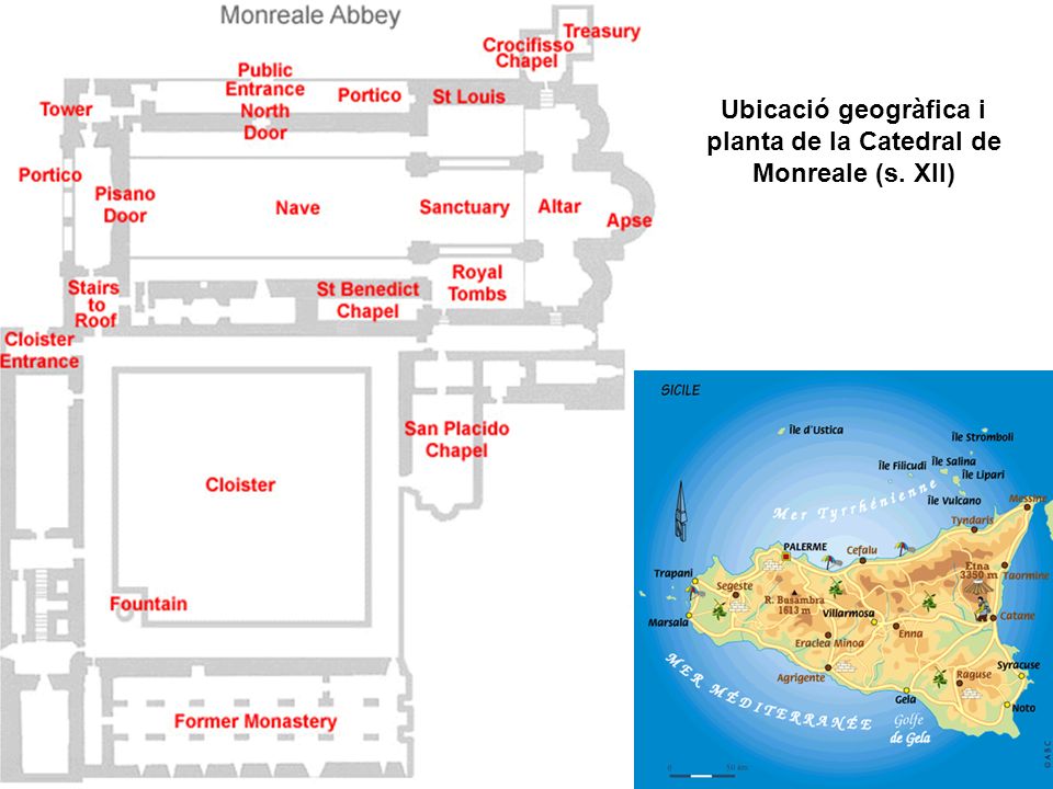 Ubicació geogràfica i planta de la Catedral de Monreale (s. XII)