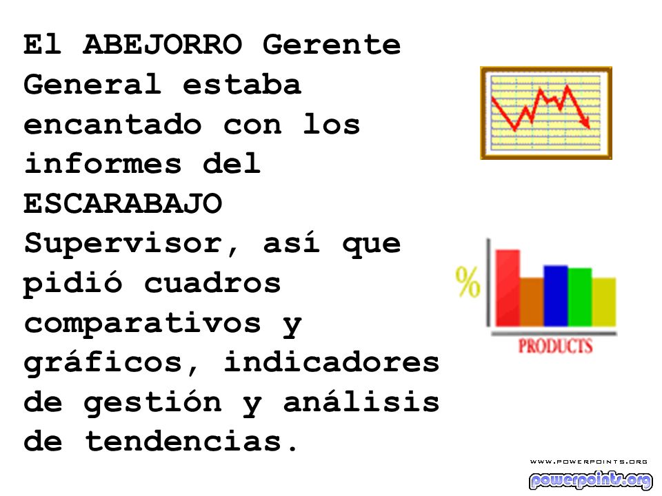El ABEJORRO Gerente General estaba encantado con los informes del ESCARABAJO Supervisor, así que pidió cuadros comparativos y gráficos, indicadores de gestión y análisis de tendencias.