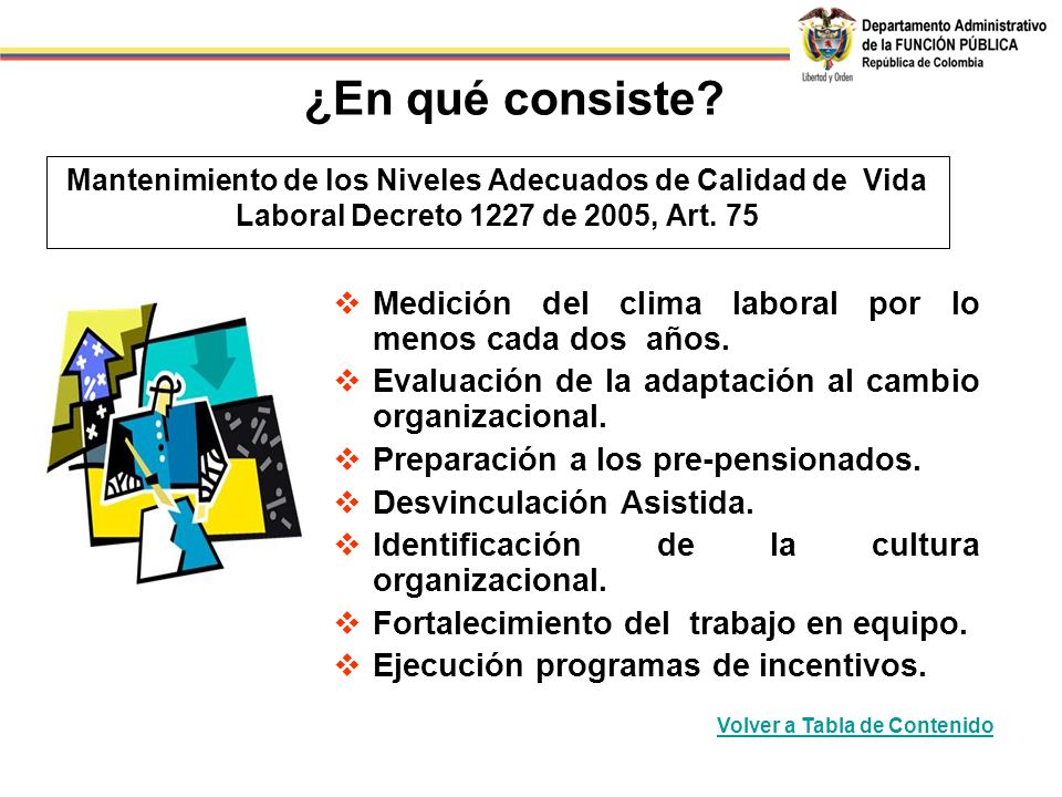 ¿En qué consiste Mantenimiento de los Niveles Adecuados de Calidad de Vida Laboral Decreto 1227 de 2005, Art. 75.