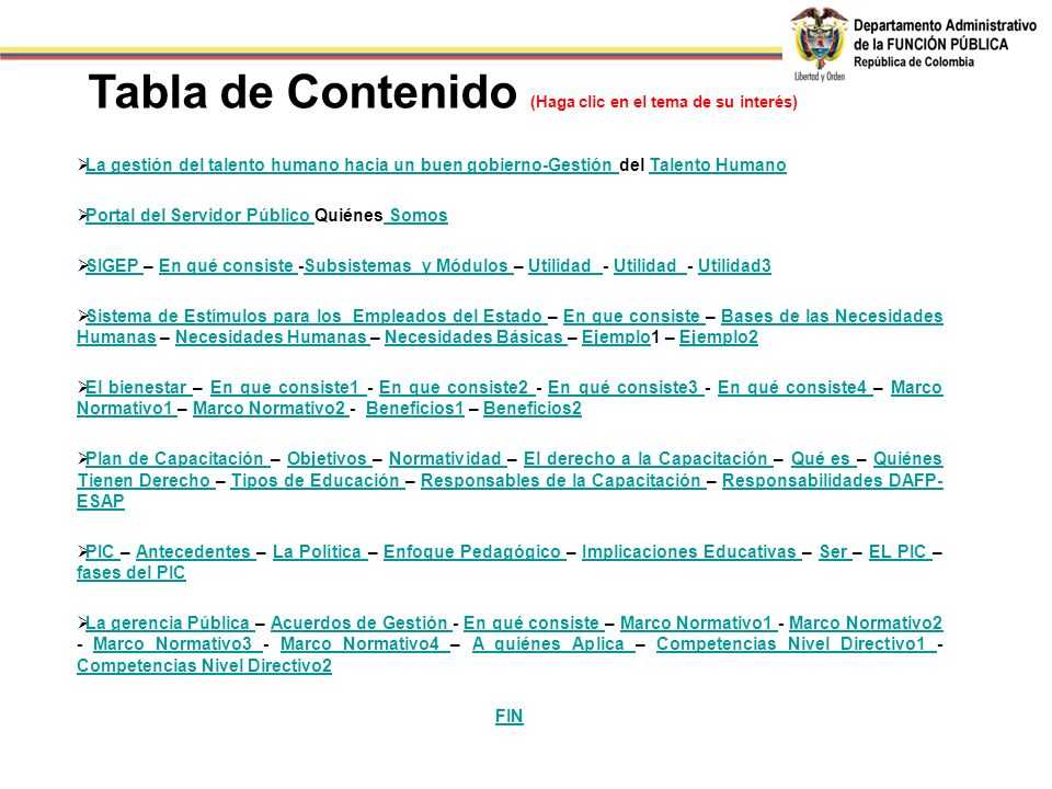 Tabla de Contenido (Haga clic en el tema de su interés)