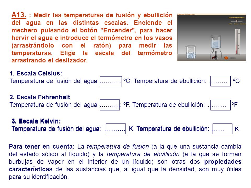 A13. : Medir las temperaturas de fusión y ebullición del agua en las distintas escalas. Enciende el mechero pulsando el botón Encender , para hacer hervir el agua e introduce el termómetro en los vasos (arrastrándolo con el ratón) para medir las temperaturas. Elige la escala del termómetro arrastrando el deslizador.
