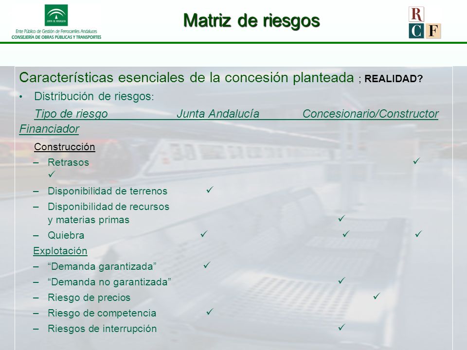 Matriz de riesgos Características esenciales de la concesión planteada ; REALIDAD Distribución de riesgos: