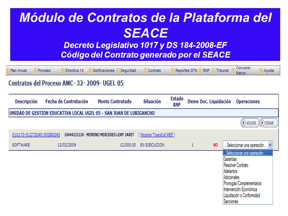 Módulo de Contratos de la Plataforma del SEACE Decreto Legislativo 1017 y DS EF Código del Contrato generado por el SEACE