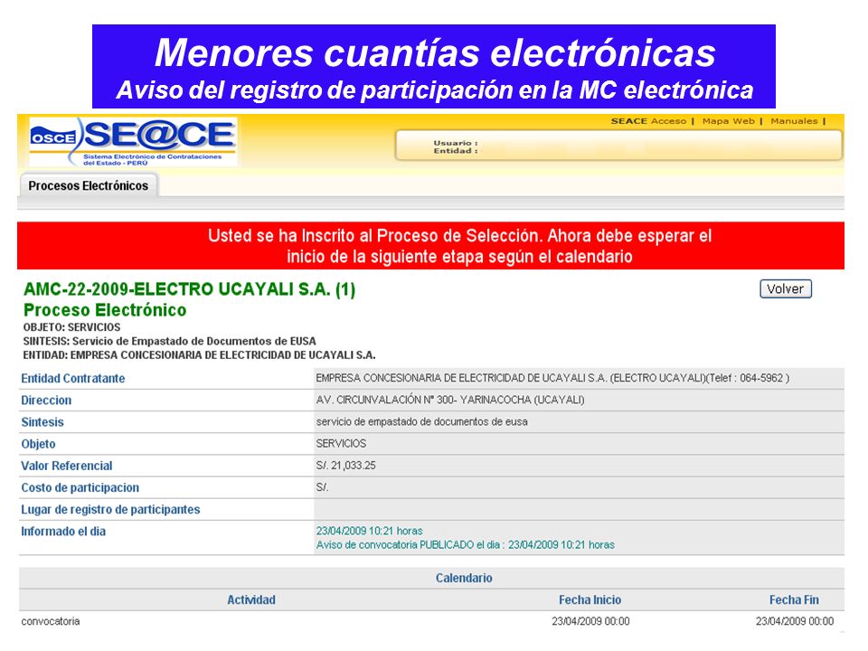 Menores cuantías electrónicas Aviso del registro de participación en la MC electrónica