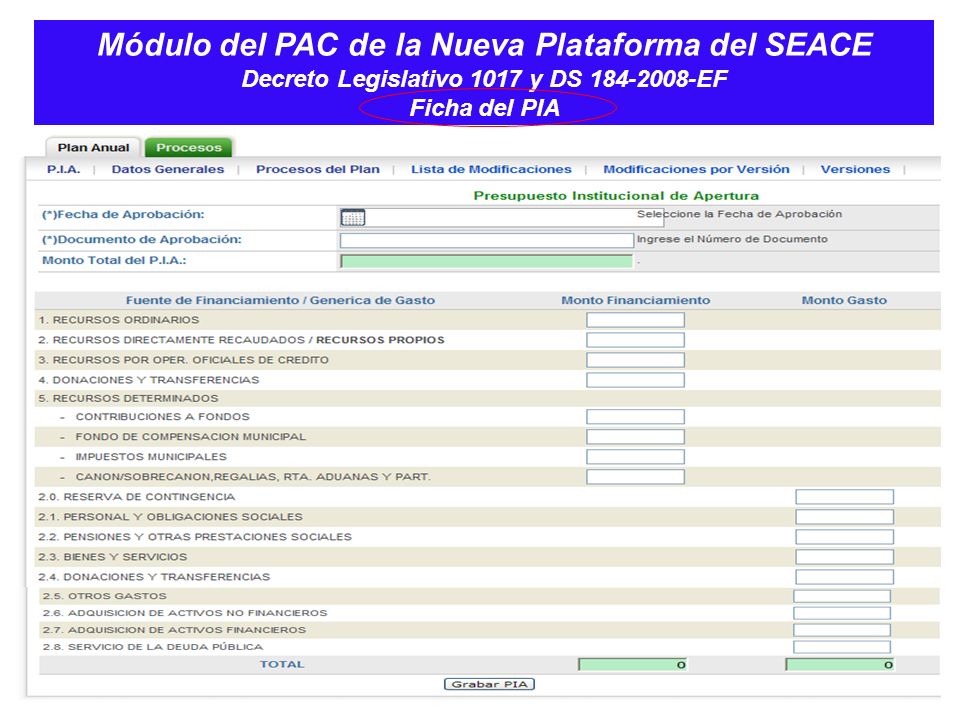 Módulo del PAC de la Nueva Plataforma del SEACE Decreto Legislativo 1017 y DS EF Ficha del PIA