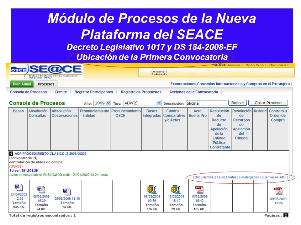 Módulo de Procesos de la Nueva Plataforma del SEACE Decreto Legislativo 1017 y DS EF Ubicación de la Primera Convocatoria
