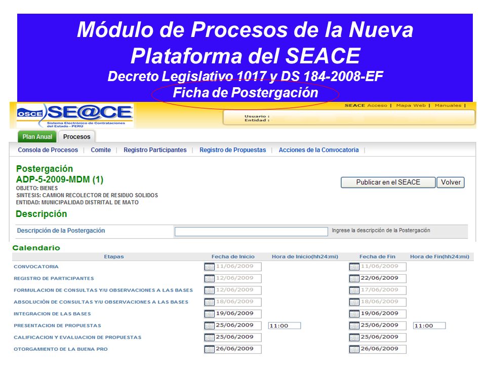 Módulo de Procesos de la Nueva Plataforma del SEACE Decreto Legislativo 1017 y DS EF Ficha de Postergación