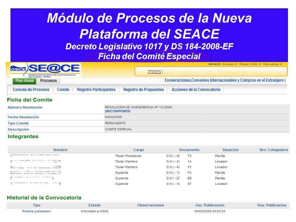 Módulo de Procesos de la Nueva Plataforma del SEACE Decreto Legislativo 1017 y DS EF Ficha del Comité Especial