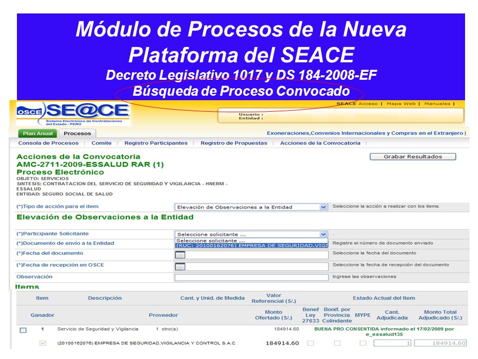 Módulo de Procesos de la Nueva Plataforma del SEACE Decreto Legislativo 1017 y DS EF Búsqueda de Proceso Convocado