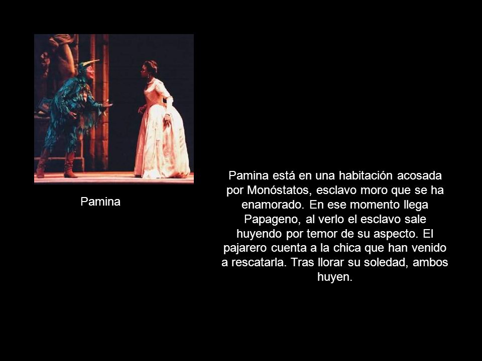 Pamina está en una habitación acosada por Monóstatos, esclavo moro que se ha enamorado. En ese momento llega Papageno, al verlo el esclavo sale huyendo por temor de su aspecto. El pajarero cuenta a la chica que han venido a rescatarla. Tras llorar su soledad, ambos huyen.