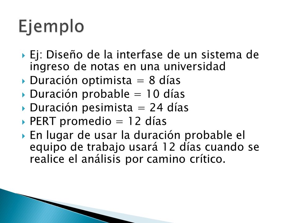 Ejemplo Ej: Diseño de la interfase de un sistema de ingreso de notas en una universidad. Duración optimista = 8 días.