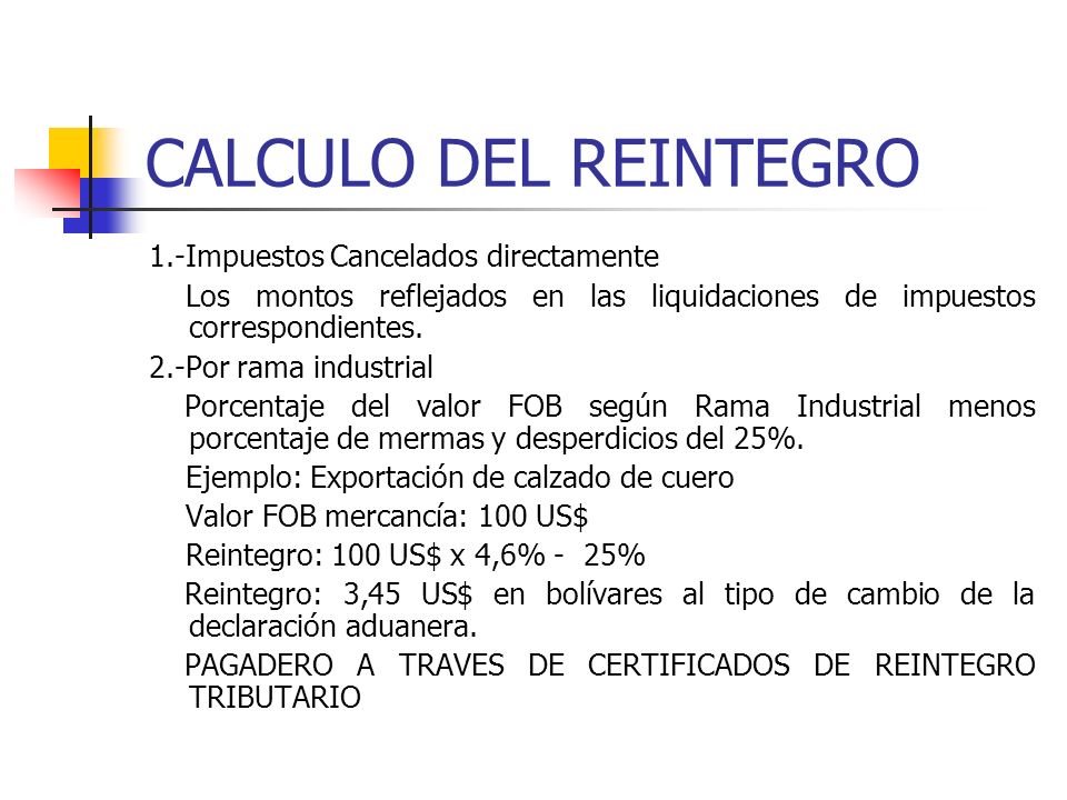 CALCULO DEL REINTEGRO 1.-Impuestos Cancelados directamente