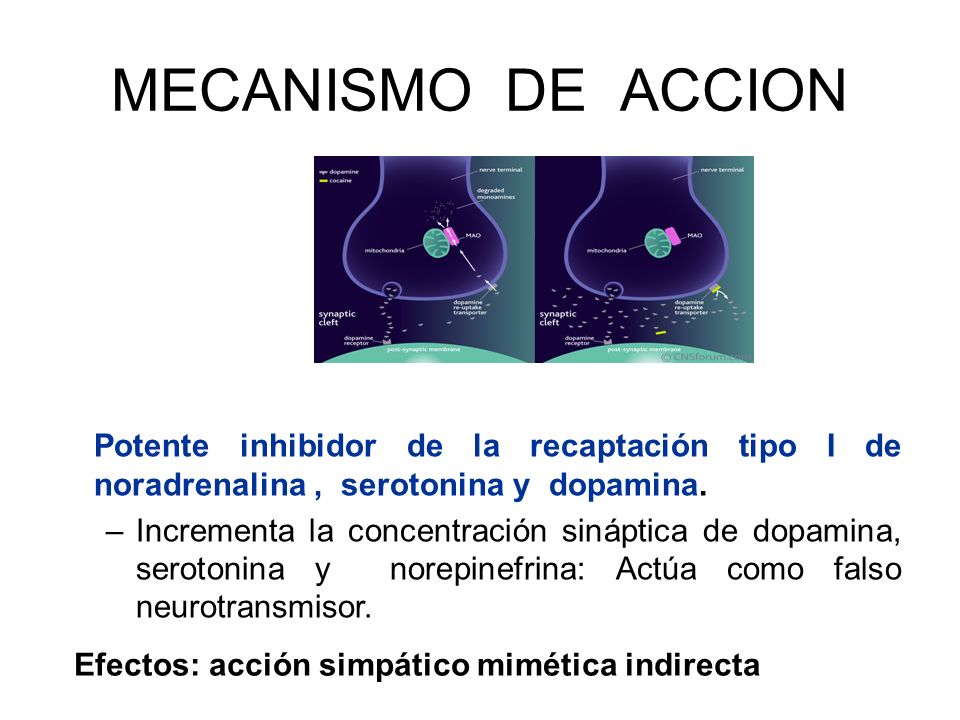 MECANISMO DE ACCION Potente inhibidor de la recaptación tipo I de noradrenalina , serotonina y dopamina.