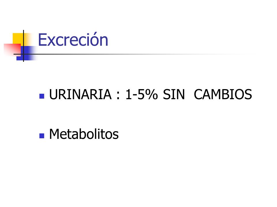 Excreción URINARIA : 1-5% SIN CAMBIOS Metabolitos