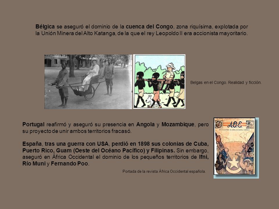 Bélgica se aseguró el dominio de la cuenca del Congo, zona riquísima, explotada por la Unión Minera del Alto Katanga, de la que el rey Leopoldo II era accionista mayoritario.
