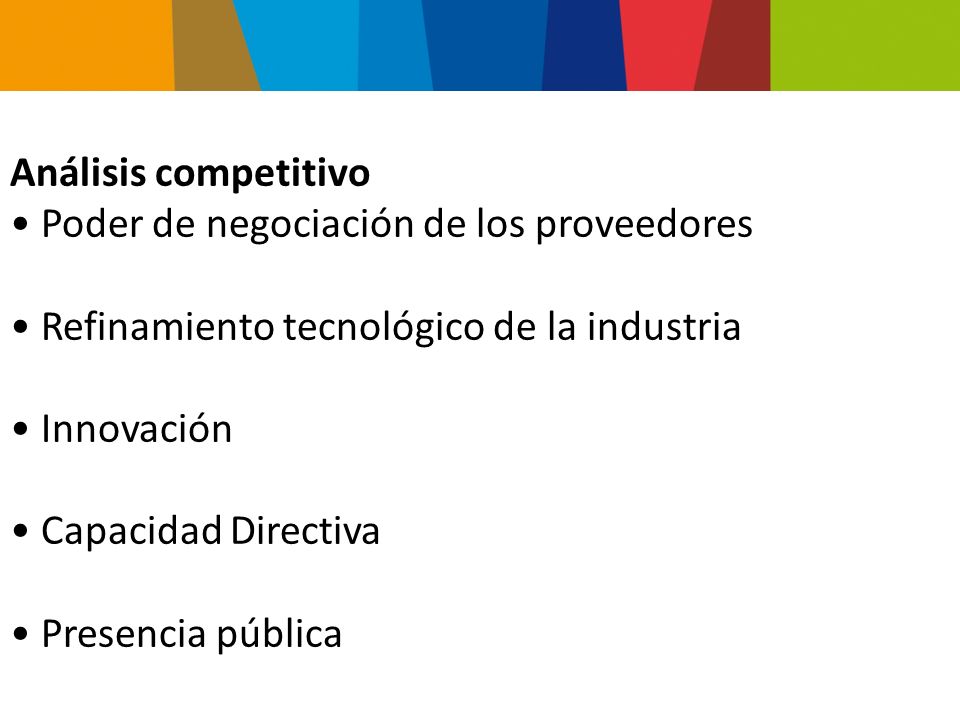 Análisis competitivo Poder de negociación de los proveedores. Refinamiento tecnológico de la industria.