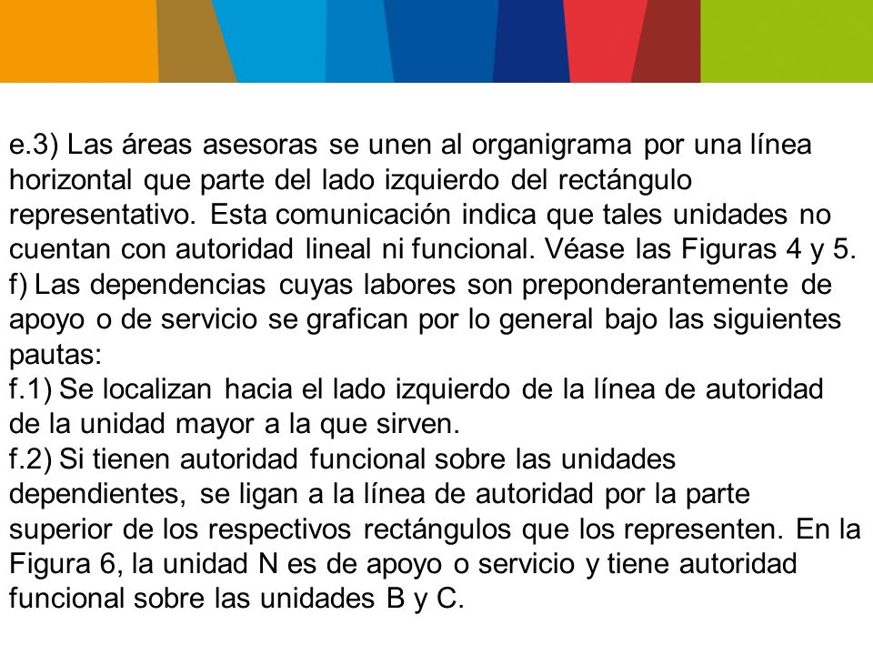 e.3) Las áreas asesoras se unen al organigrama por una línea horizontal que parte del lado izquierdo del rectángulo representativo. Esta comunicación indica que tales unidades no cuentan con autoridad lineal ni funcional. Véase las Figuras 4 y 5.