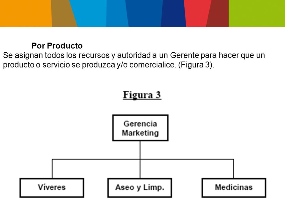 Por Producto Se asignan todos los recursos y autoridad a un Gerente para hacer que un producto o servicio se produzca y/o comercialice.