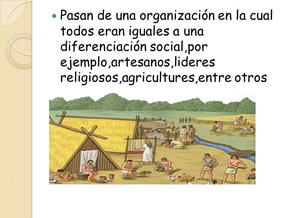 Pasan de una organización en la cual todos eran iguales a una diferenciación social,por ejemplo,artesanos,lideres religiosos,agricultures,entre otros