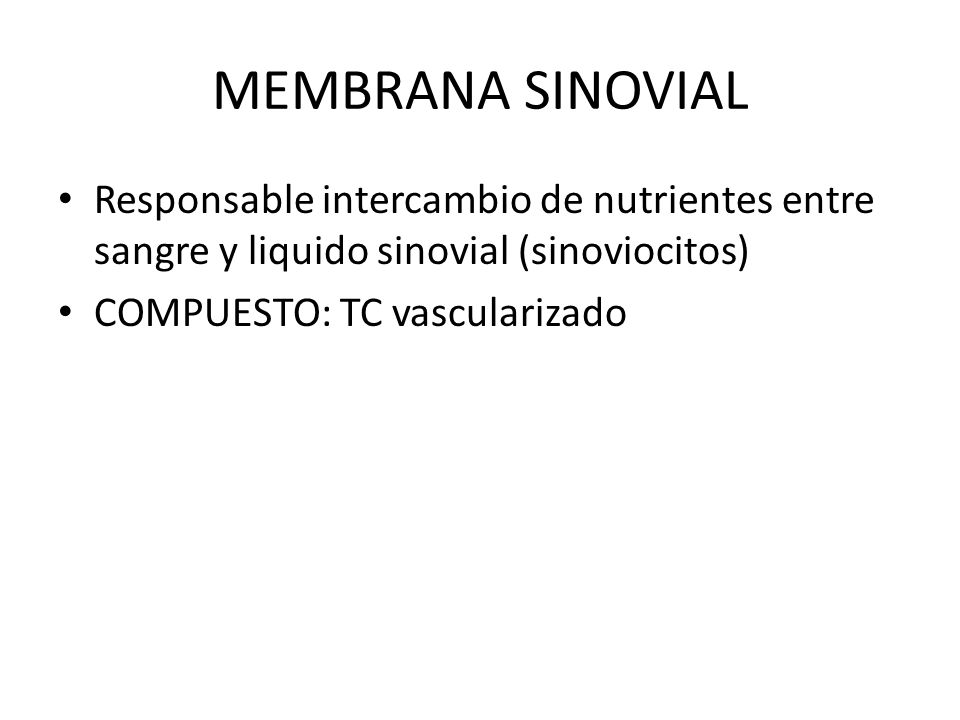 MEMBRANA SINOVIAL Responsable intercambio de nutrientes entre sangre y liquido sinovial (sinoviocitos)