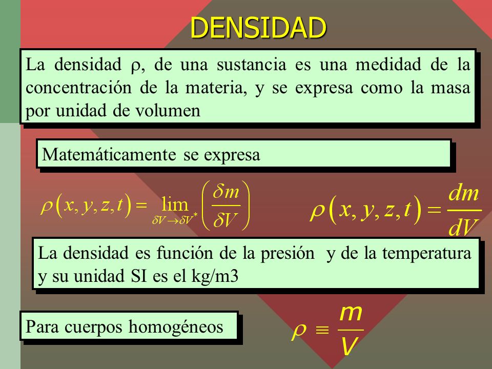 DENSIDAD La densidad , de una sustancia es una medidad de la concentración de la materia, y se expresa como la masa por unidad de volumen.
