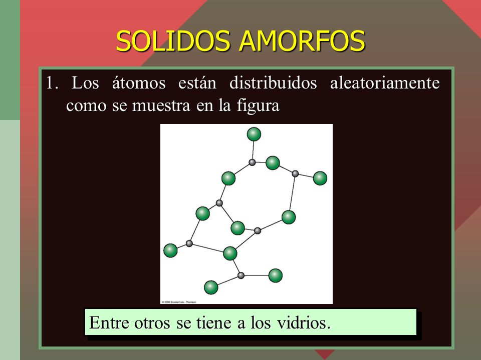 SOLIDOS AMORFOS 1. Los átomos están distribuidos aleatoriamente como se muestra en la figura.