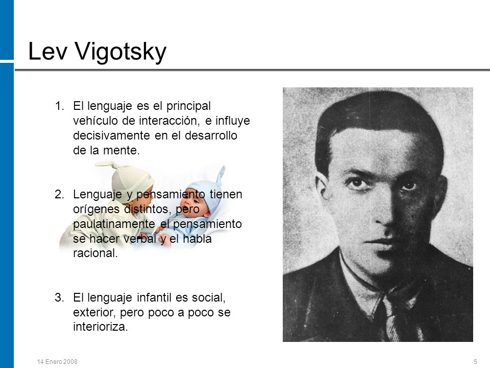 Lev Vigotsky El lenguaje es el principal vehículo de interacción, e influye decisivamente en el desarrollo de la mente.