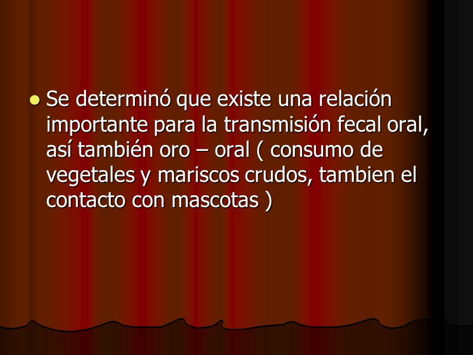Se determinó que existe una relación importante para la transmisión fecal oral, así también oro – oral ( consumo de vegetales y mariscos crudos, tambien el contacto con mascotas )