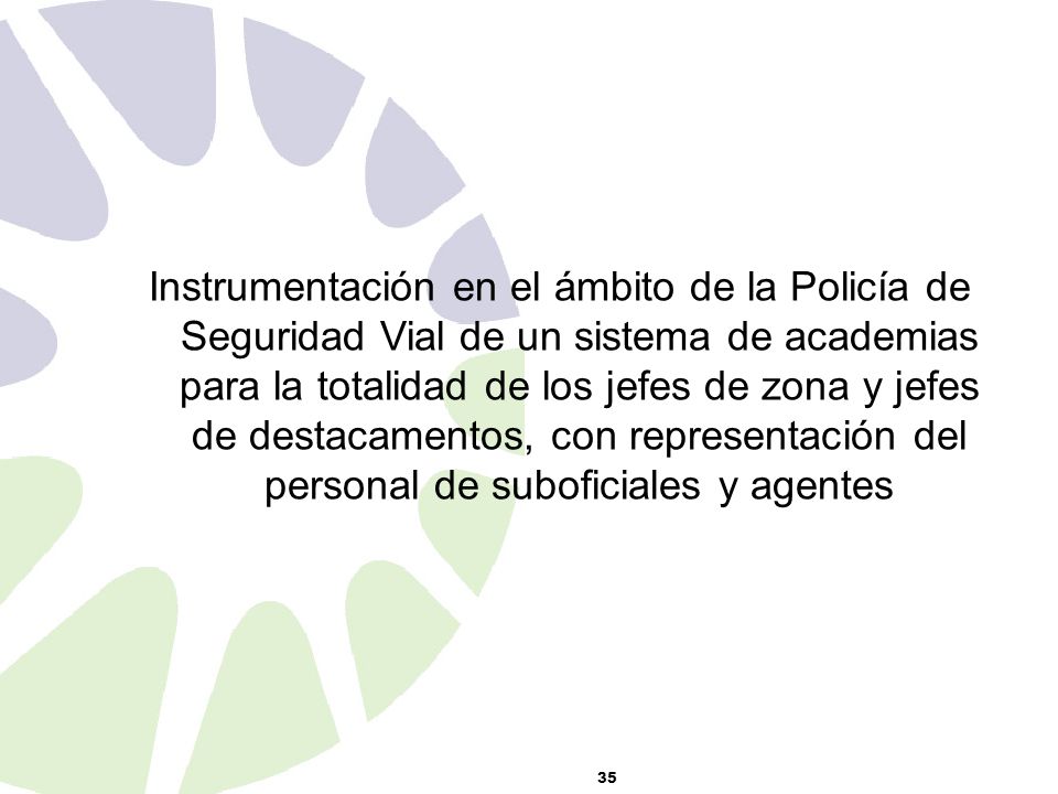 Instrumentación en el ámbito de la Policía de Seguridad Vial de un sistema de academias para la totalidad de los jefes de zona y jefes de destacamentos, con representación del personal de suboficiales y agentes