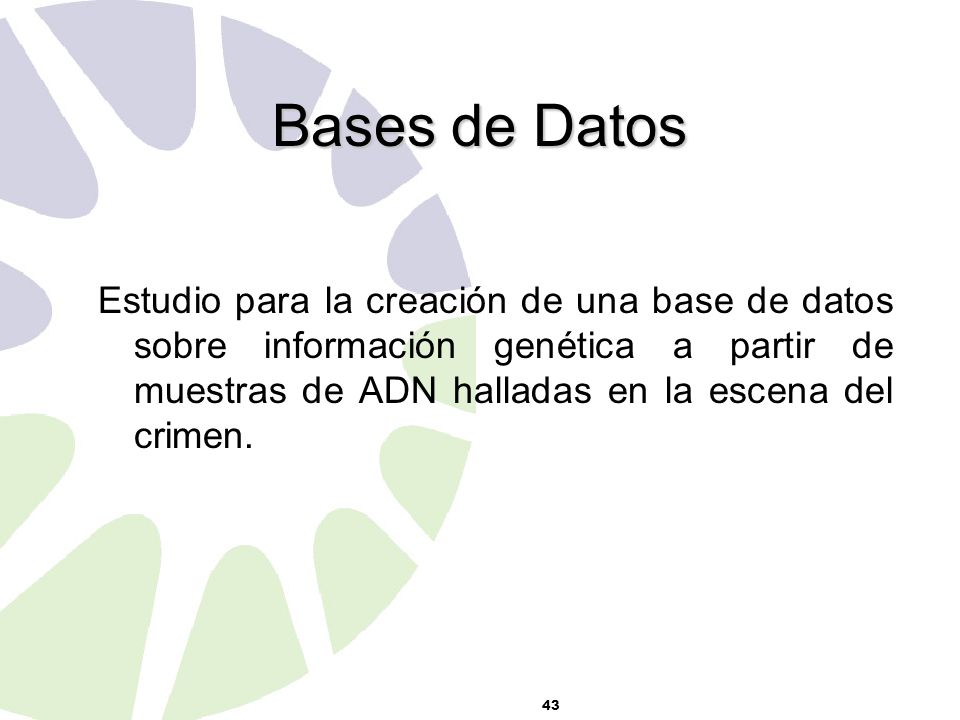 Bases de Datos Estudio para la creación de una base de datos sobre información genética a partir de muestras de ADN halladas en la escena del crimen.