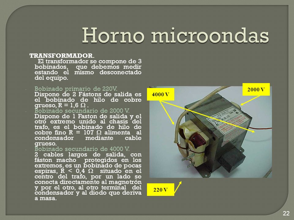 Horno microondas TRANSFORMADOR. El transformador se compone de 3 bobinados, que debemos medir estando el mismo desconectado del equipo.