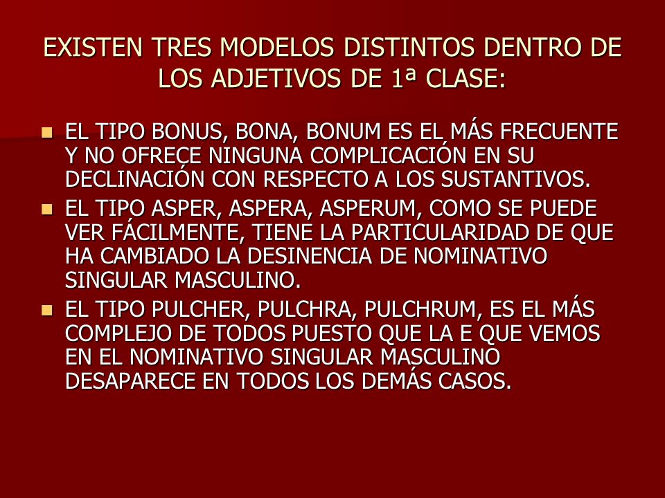 EXISTEN TRES MODELOS DISTINTOS DENTRO DE LOS ADJETIVOS DE 1ª CLASE: