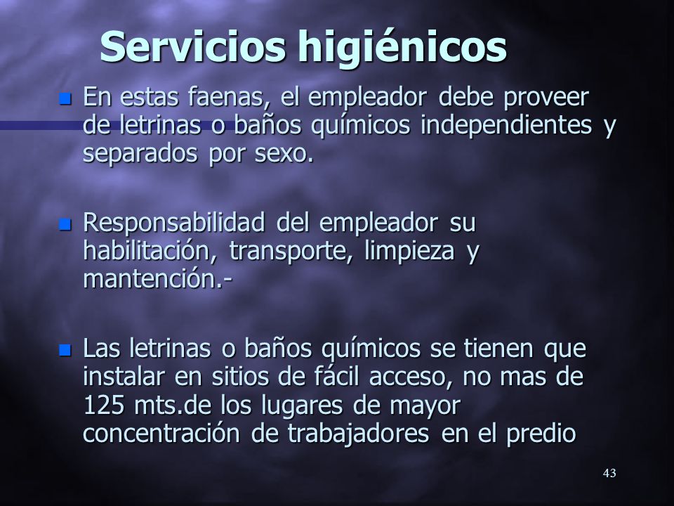 Servicios higiénicos En estas faenas, el empleador debe proveer de letrinas o baños químicos independientes y separados por sexo.