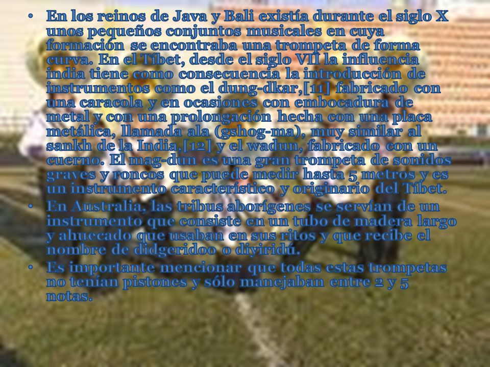 En los reinos de Java y Bali existía durante el siglo X unos pequeños conjuntos musicales en cuya formación se encontraba una trompeta de forma curva. En el Tíbet, desde el siglo VII la influencia india tiene como consecuencia la introducción de instrumentos como el dung-dkar,[11] fabricado con una caracola y en ocasiones con embocadura de metal y con una prolongación hecha con una placa metálica, llamada ala (gshog-ma), muy similar al sankh de la India,[12] y el wadun, fabricado con un cuerno. El mag-dun es una gran trompeta de sonidos graves y roncos que puede medir hasta 5 metros y es un instrumento característico y originario del Tíbet.