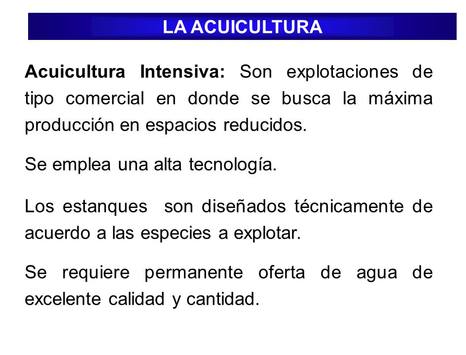 LA ACUICULTURA Acuicultura Intensiva: Son explotaciones de tipo comercial en donde se busca la máxima producción en espacios reducidos.