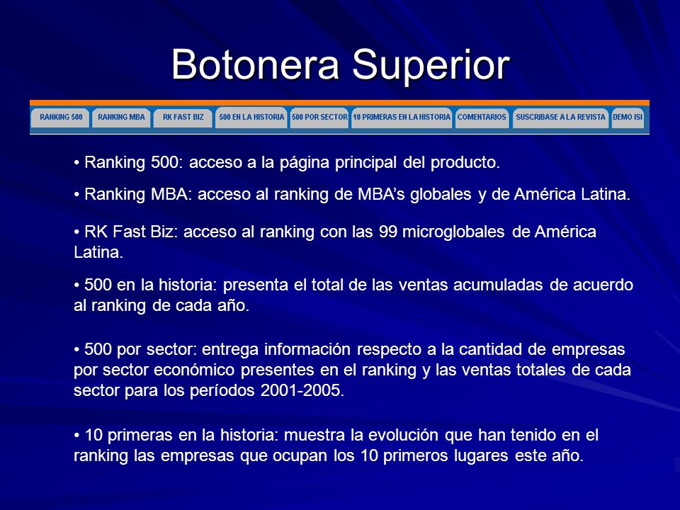 Botonera Superior Ranking 500: acceso a la página principal del producto. Ranking MBA: acceso al ranking de MBA’s globales y de América Latina.