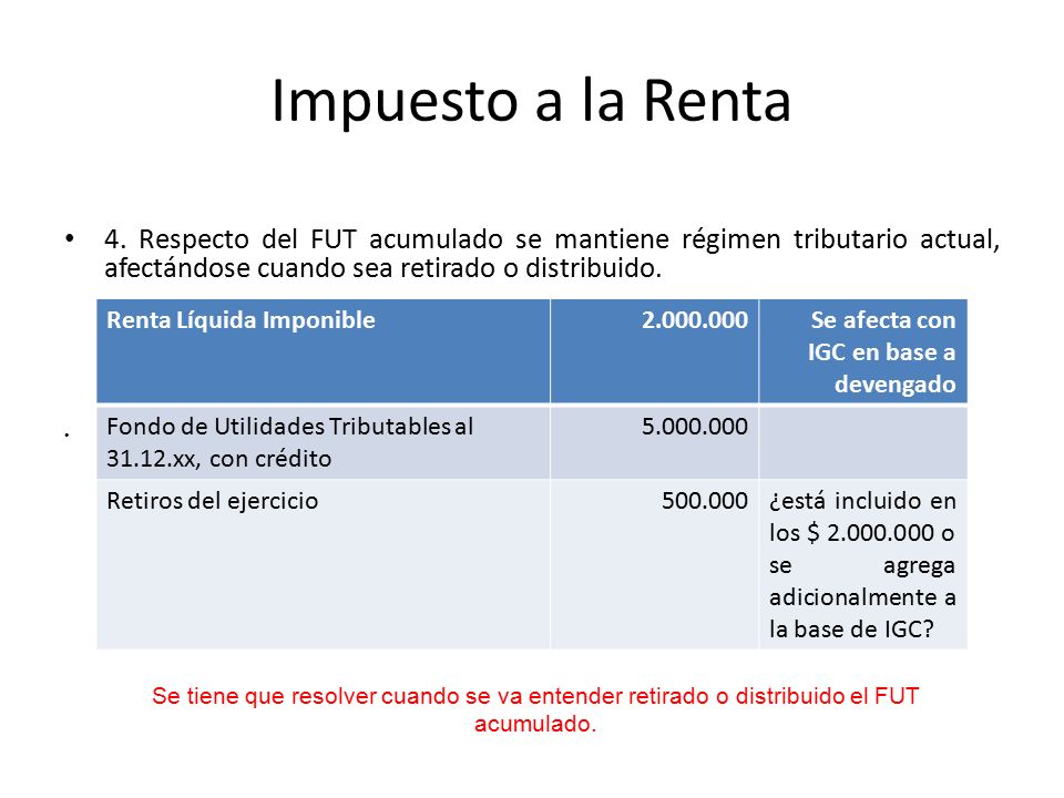Impuesto a la Renta 4. Respecto del FUT acumulado se mantiene régimen tributario actual, afectándose cuando sea retirado o distribuido.
