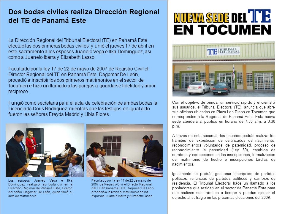 Dos bodas civiles realiza Dirección Regional del TE de Panamá Este