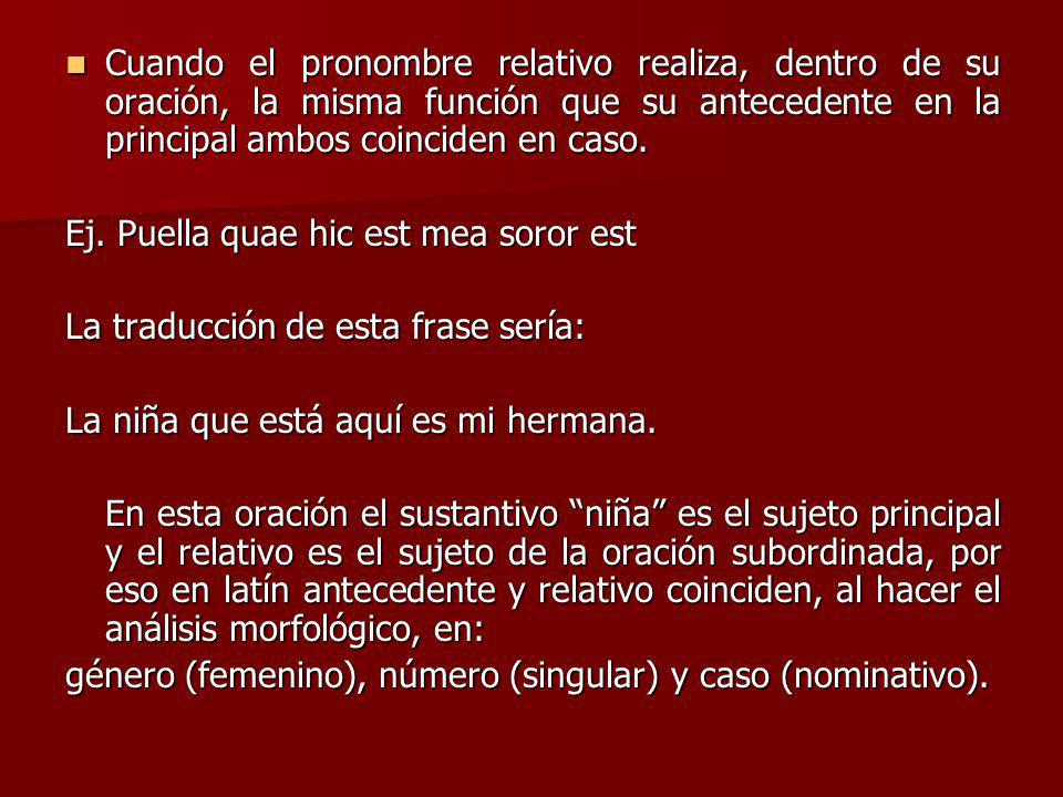 Cuando el pronombre relativo realiza, dentro de su oración, la misma función que su antecedente en la principal ambos coinciden en caso.