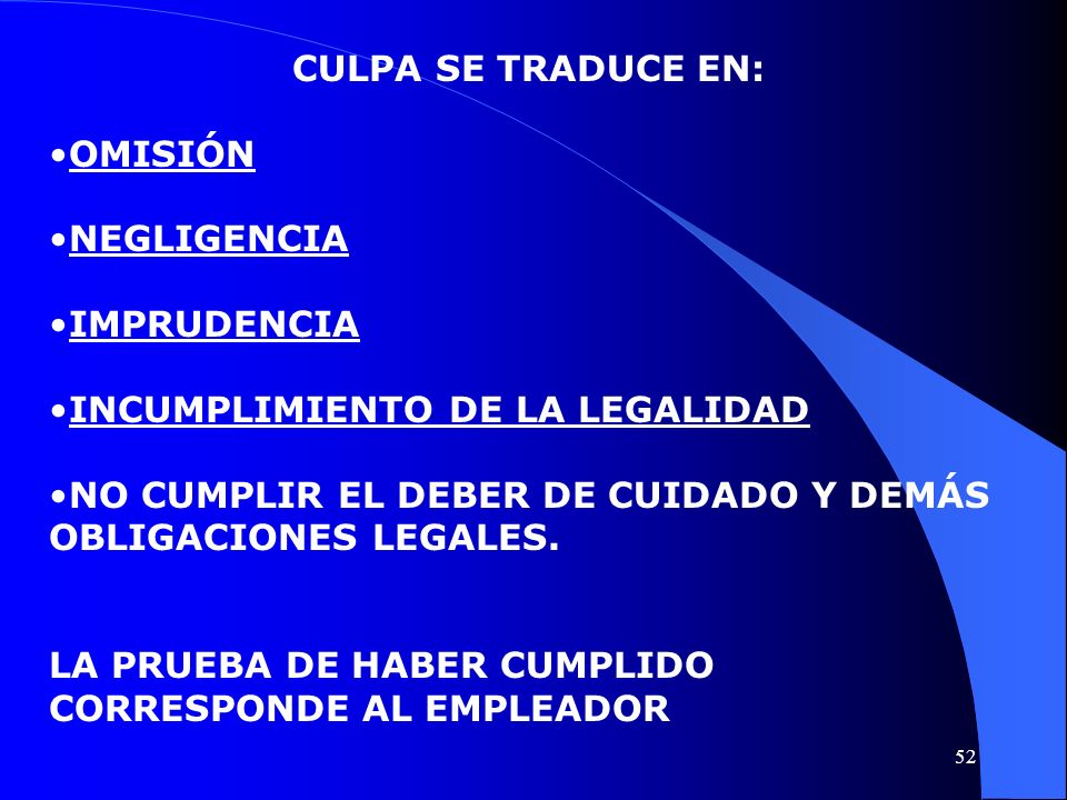 CULPA SE TRADUCE EN: OMISIÓN. NEGLIGENCIA. IMPRUDENCIA. INCUMPLIMIENTO DE LA LEGALIDAD. NO CUMPLIR EL DEBER DE CUIDADO Y DEMÁS.