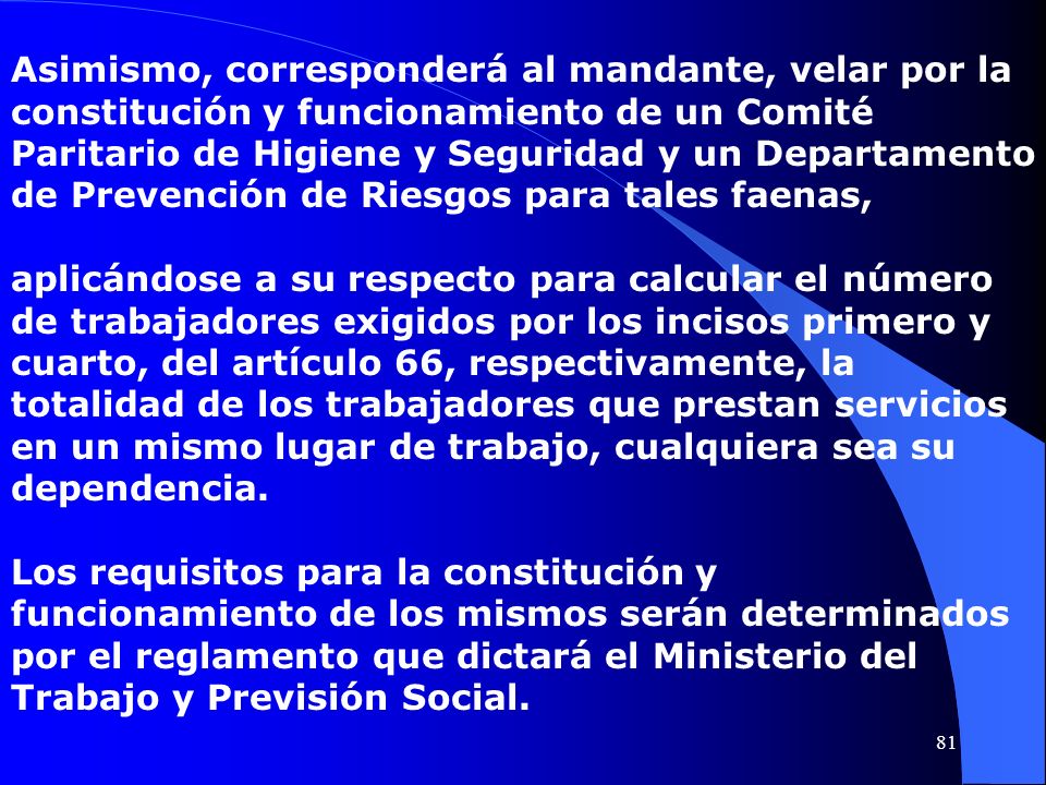 Asimismo, corresponderá al mandante, velar por la constitución y funcionamiento de un Comité Paritario de Higiene y Seguridad y un Departamento de Prevención de Riesgos para tales faenas,
