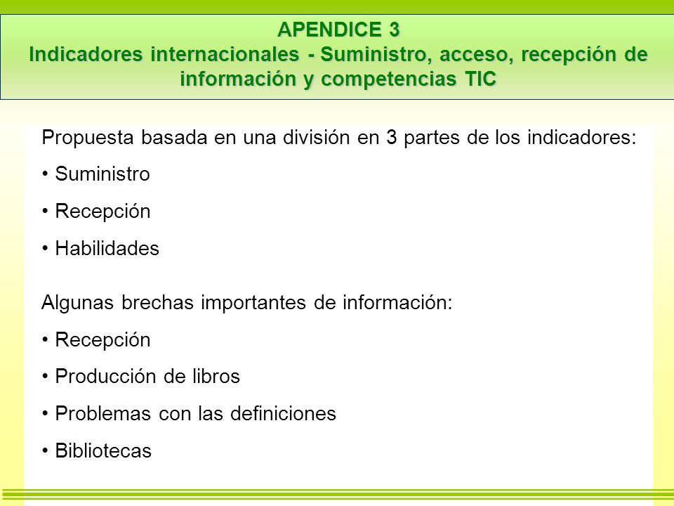 APENDICE 3 Indicadores internacionales - Suministro, acceso, recepción de información y competencias TIC