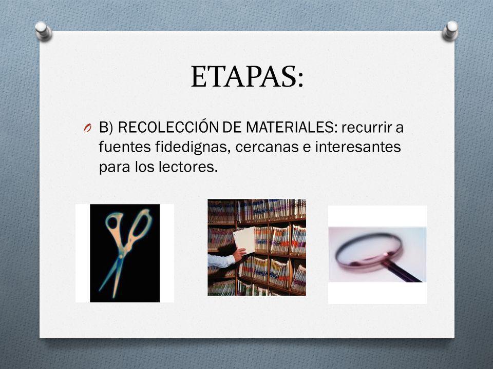 ETAPAS: B) RECOLECCIÓN DE MATERIALES: recurrir a fuentes fidedignas, cercanas e interesantes para los lectores.