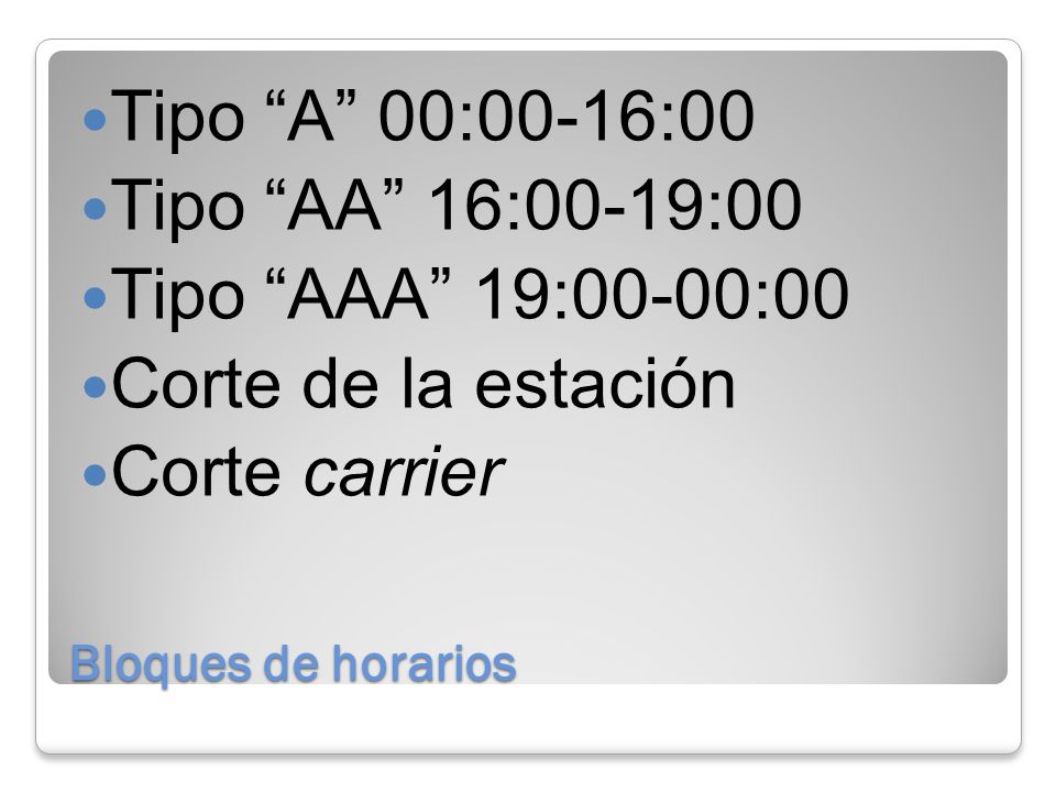 Tipo A 00:00-16:00 Tipo AA 16:00-19:00 Tipo AAA 19:00-00:00