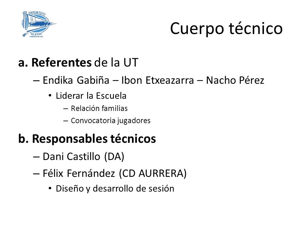 Cuerpo técnico a. Referentes de la UT b. Responsables técnicos