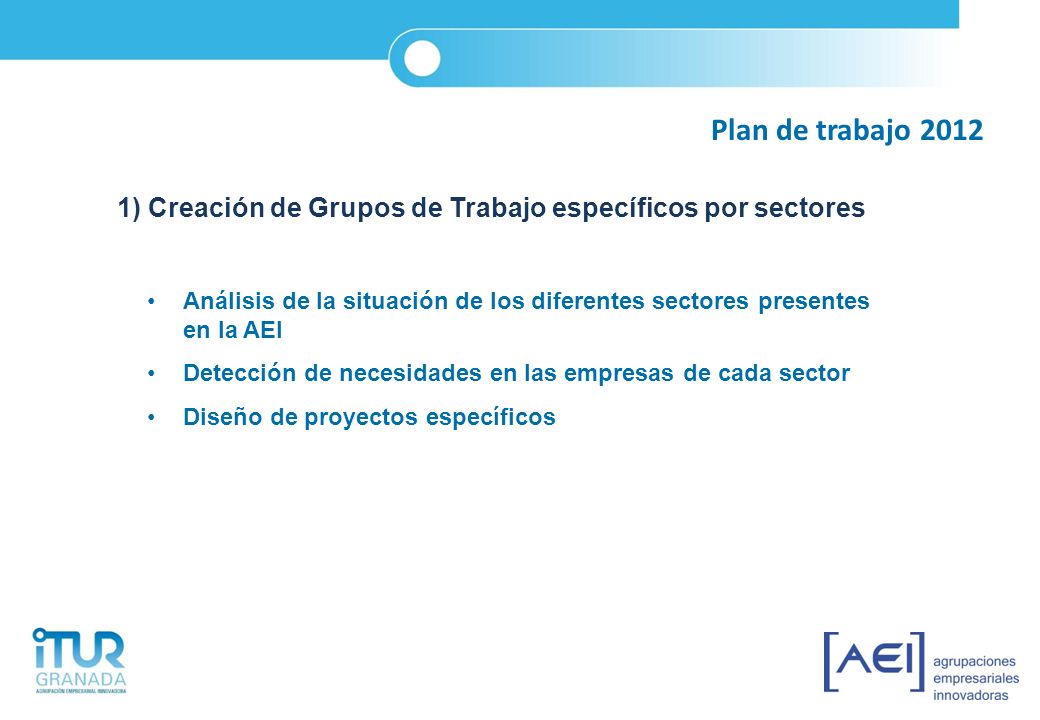 Plan de trabajo ) Creación de Grupos de Trabajo específicos por sectores.