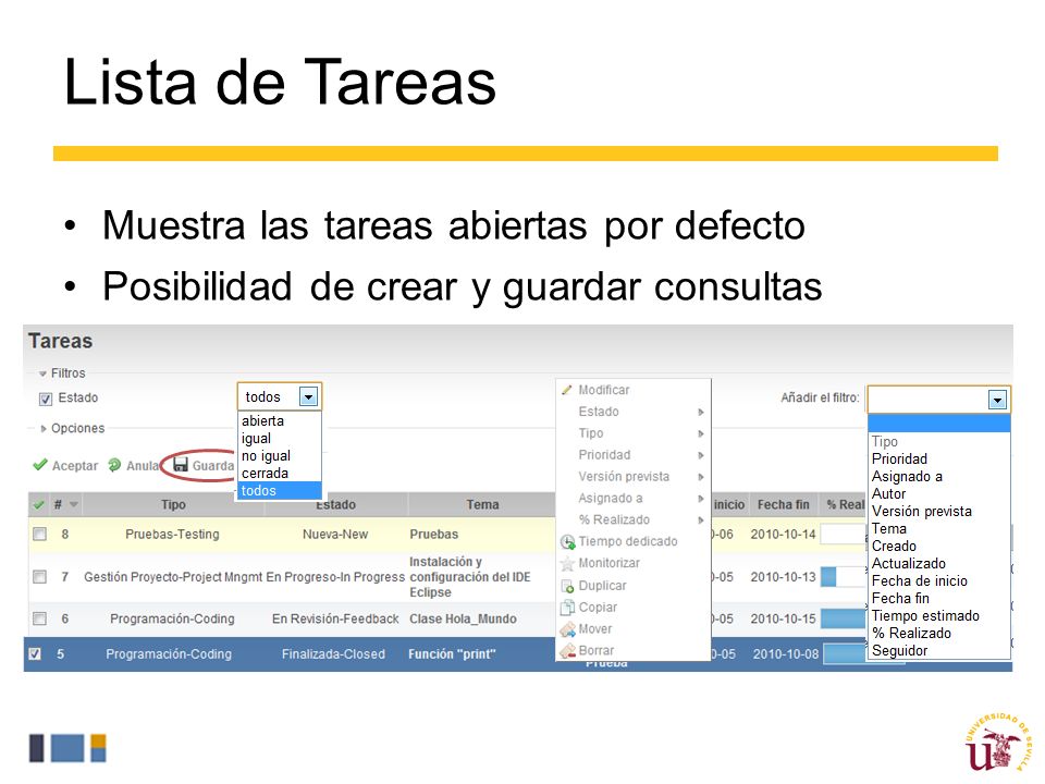 Lista de Tareas Muestra las tareas abiertas por defecto