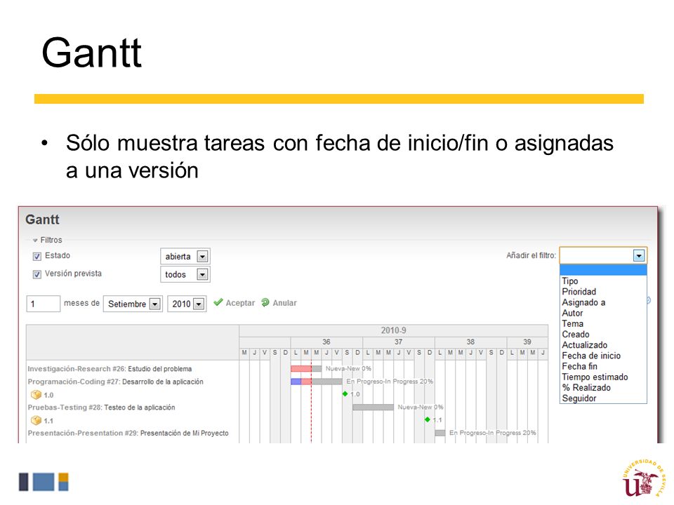 Gantt Sólo muestra tareas con fecha de inicio/fin o asignadas a una versión.