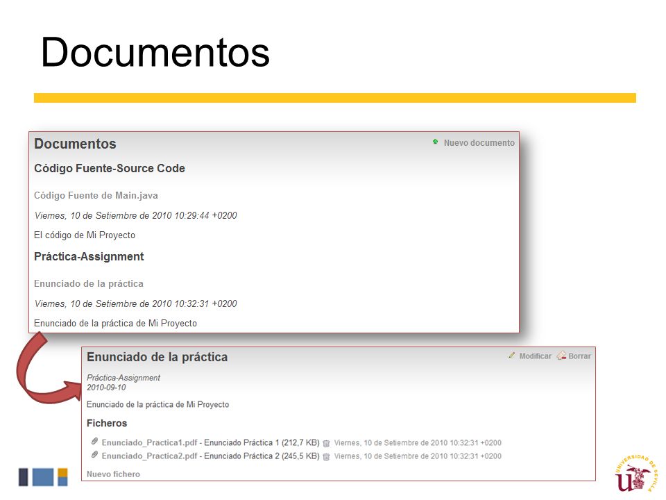 Documentos Un documento en ProjETSII no es más que la agrupación de varios ficheros en un nombre y una descripción genérica.